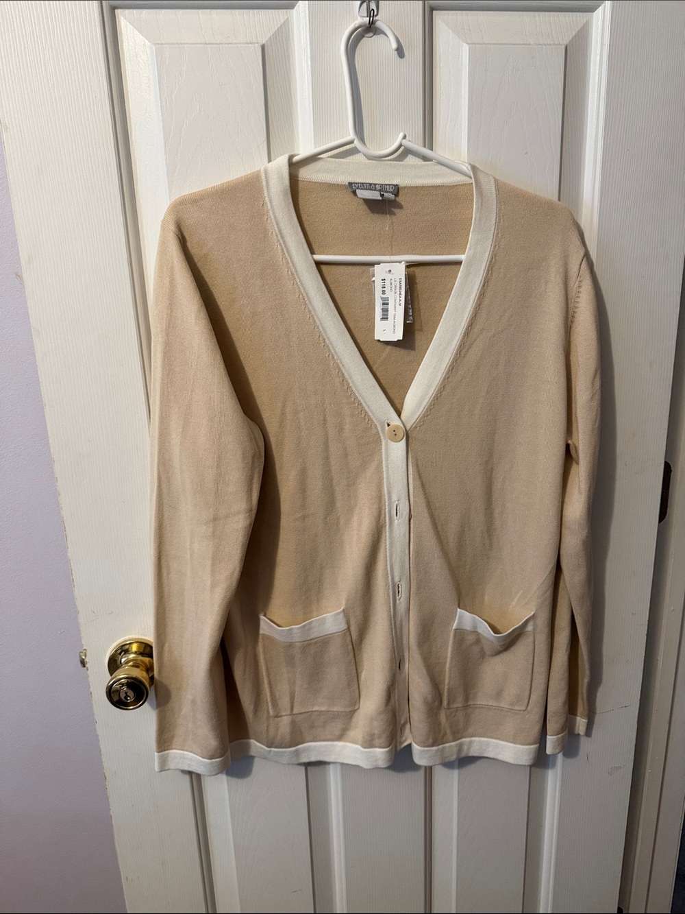 Classic Beige Cardigan with Cream Trim - V-Neck Button Front